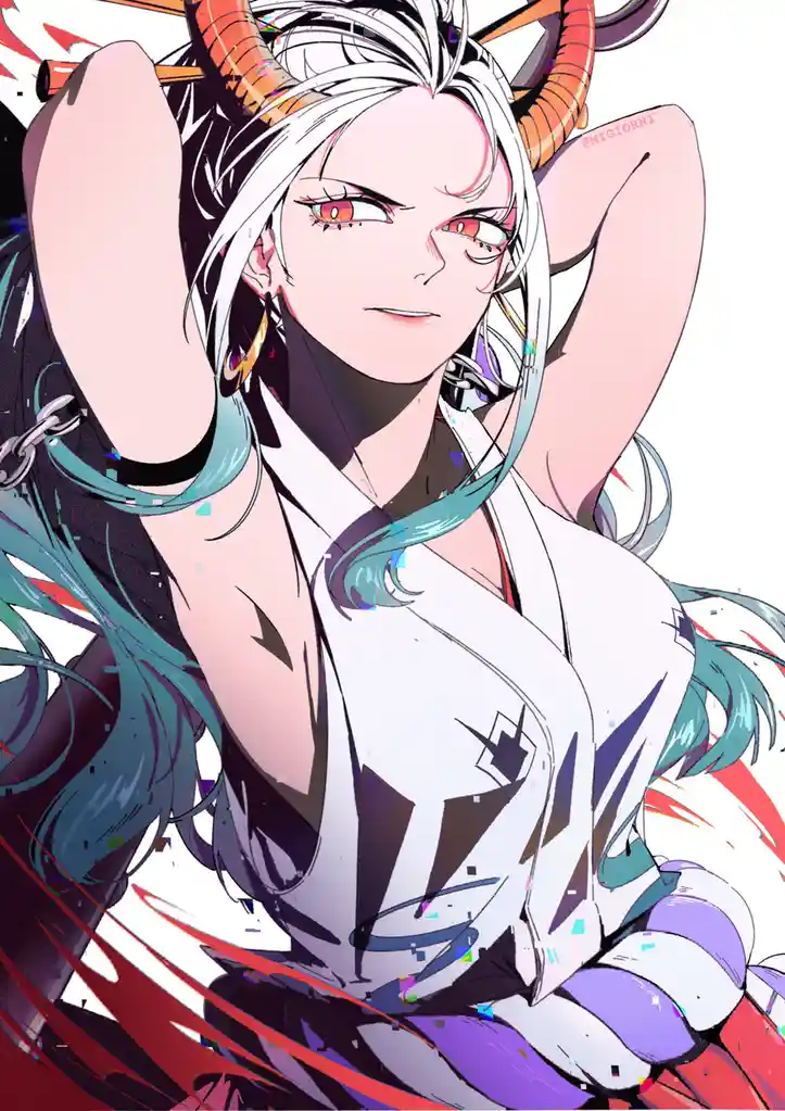An anime-style illustration of a woman with white hair, orange horns, and red eyes, wearing a white outfit with black and…