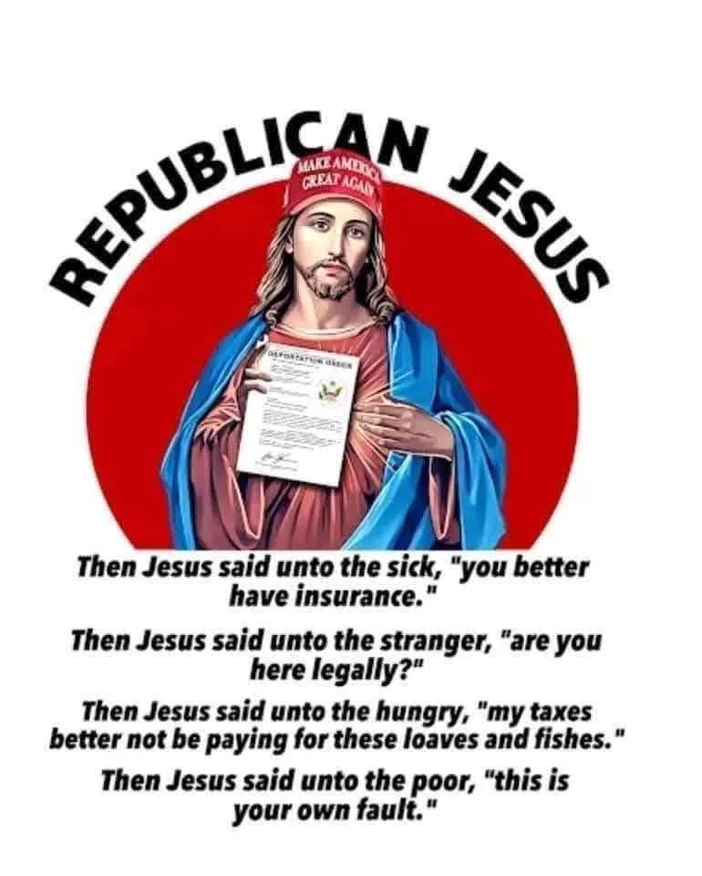 An image of Jesus Christ wearing a red 'Make America Great Again' cap, holding a document labeled 'DEPORTATION ORDER'…
