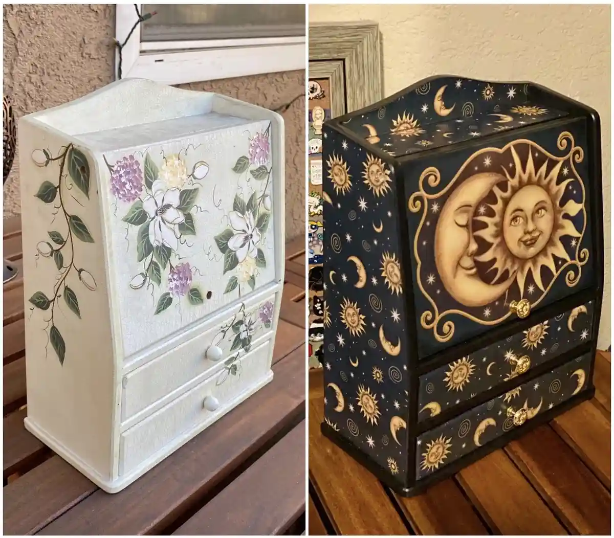 Two side-by-side photos show the same small wooden dresser before and after a makeover. The left image shows the dresser…