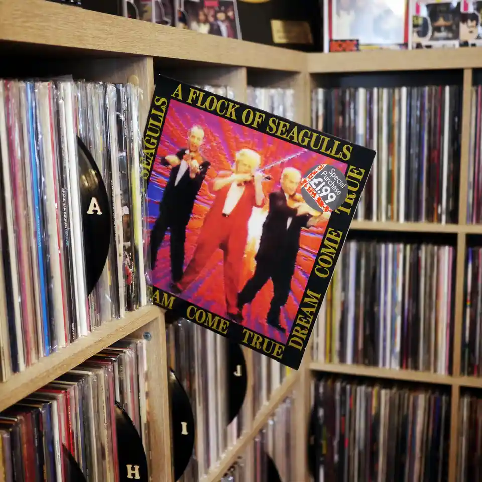A close-up photo shows a vinyl record album titled 'A Flock of Seagulls - Dream Come True' leaning precariously on a wooden…