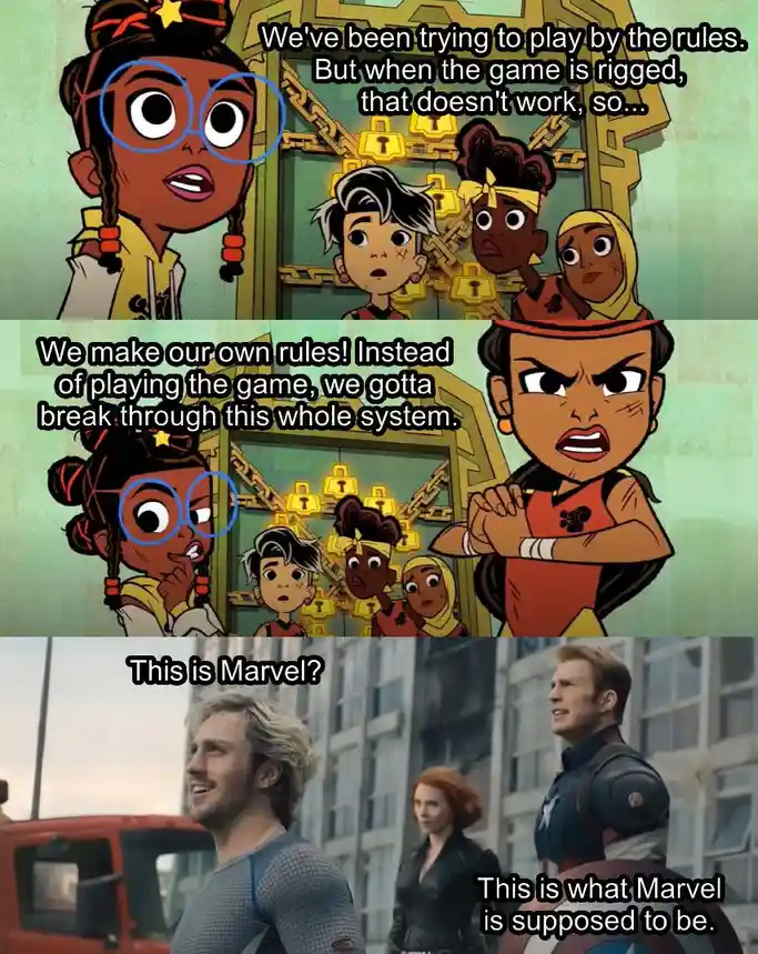 The meme is a three-panel comic strip. The top two panels show animated characters from 'She-Ra and the Princesses of Power'…