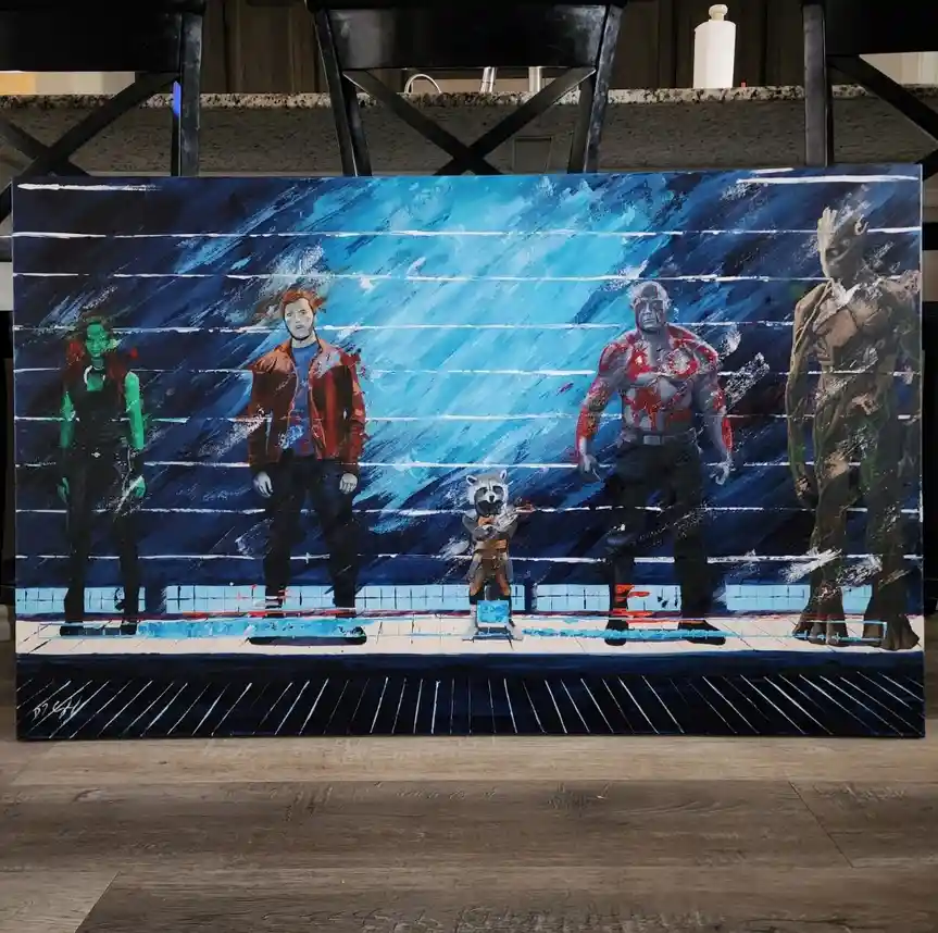 A painting depicts five characters from Guardians of the Galaxy standing in a row against a blue, streaked background with…