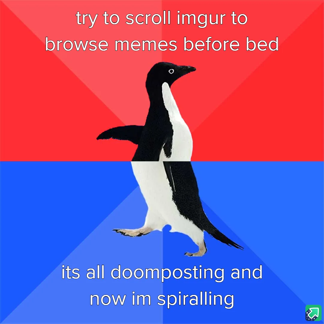 A penguin stands centered against a red and blue background, split diagonally. White text at the top reads 'try to scroll…