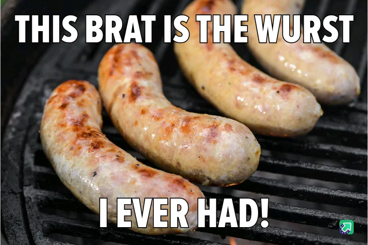 Four bratwurst sausages are cooking on a black grill grate, showing charred and slightly browned surfaces. Overlaid white…