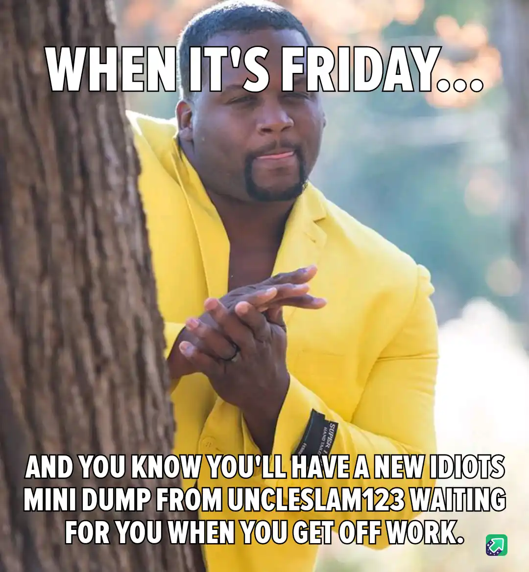 A man in a bright yellow suit peeks from behind a tree trunk with a smug, satisfied expression. White bold text overlays the…