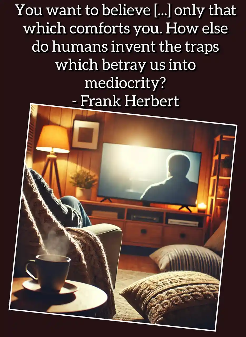 A cozy, warmly lit living room scene shows a person relaxing in a chair with a steaming mug, watching TV. The overlaid text…