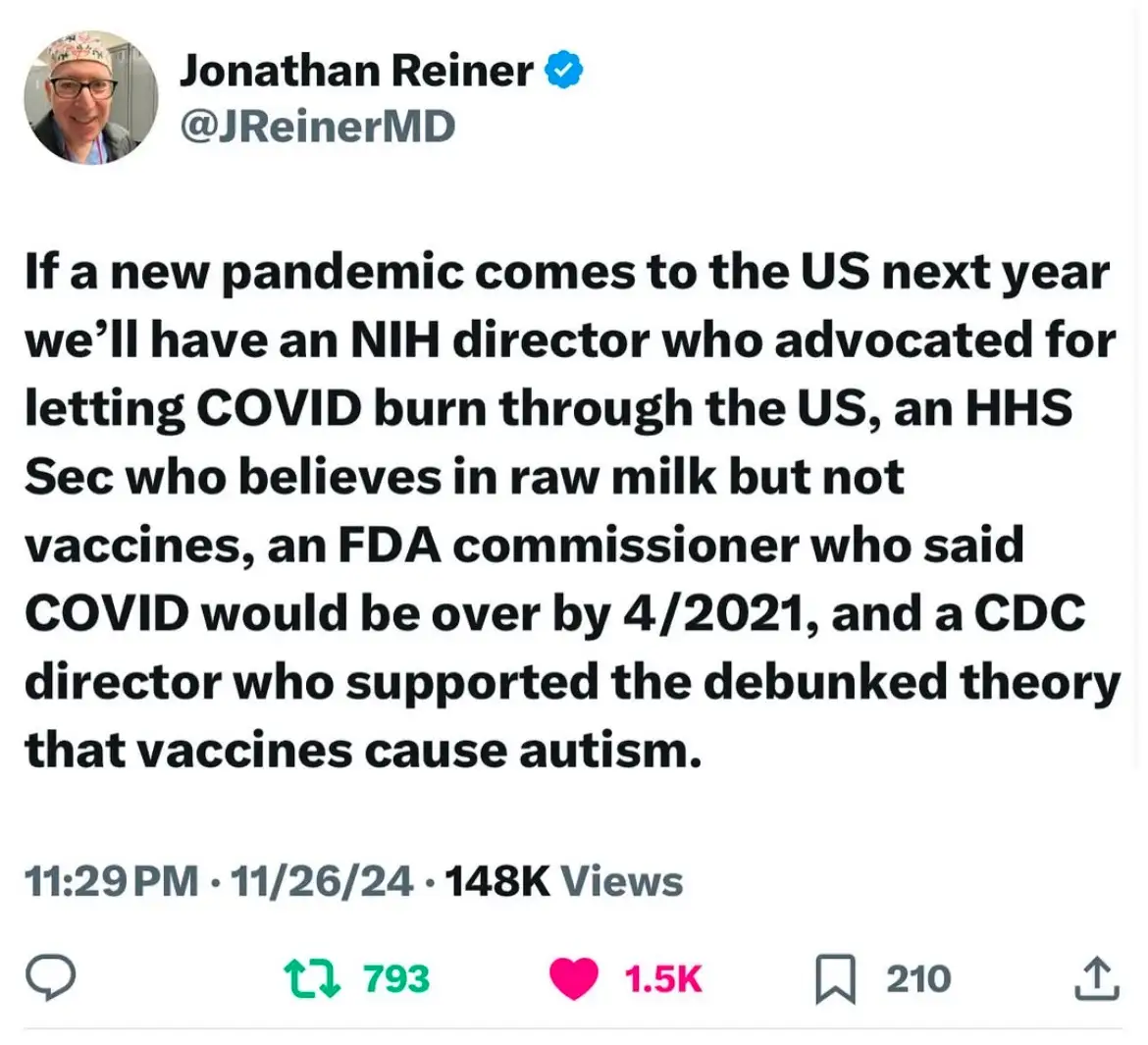 A screenshot of a tweet by Jonathan Reiner (@JReinerMD) displaying a block of text predicting a future pandemic scenario…