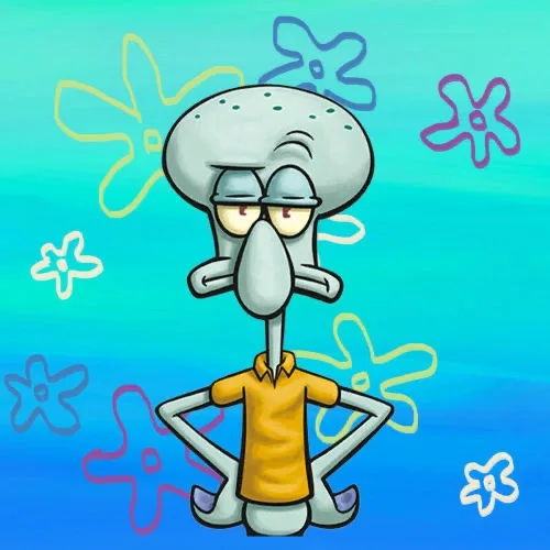 Squidward from SpongeBob SquarePants stands with hands on hips, looking annoyed and tired, against a blue background with…