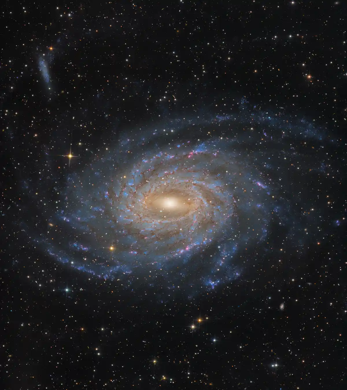 A stunning, high-resolution image of a spiral galaxy, likely the Whirlpool Galaxy (M51), showing its bright central core and…