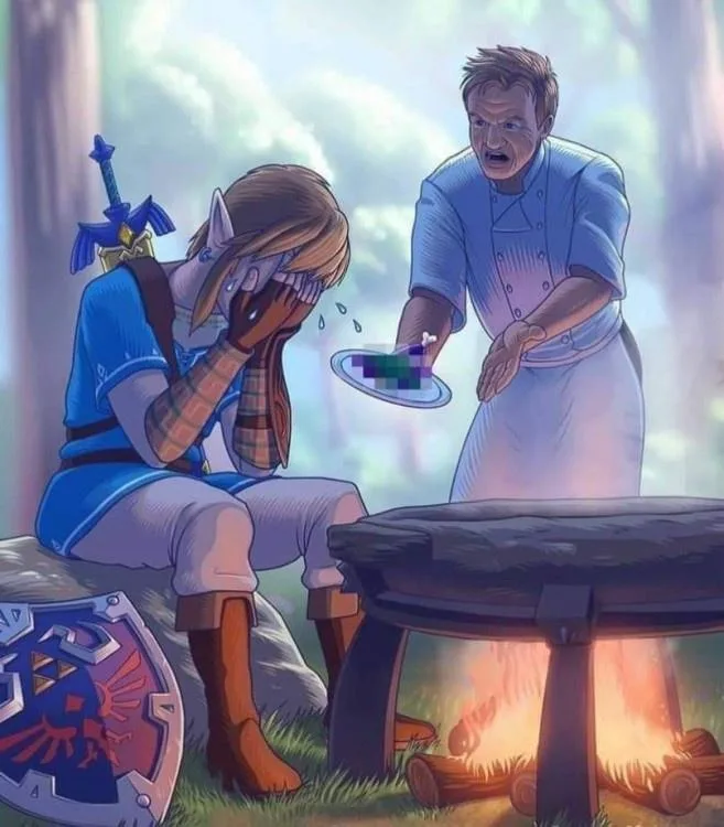 a cartoon illustration shows a chef resembling Gordon Ramsay standing over a campfire, holding a plate with a pixelated…