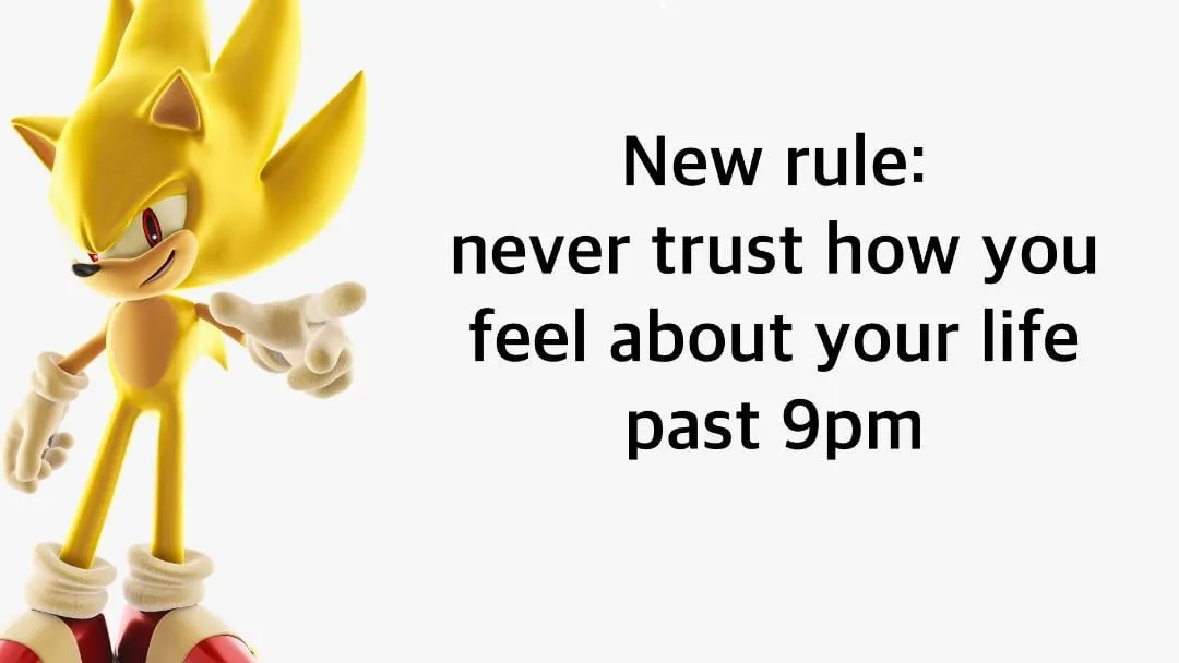 A yellow, spiky-haired animated character, resembling Super Sonic, points toward text that reads 'New rule: never trust how…