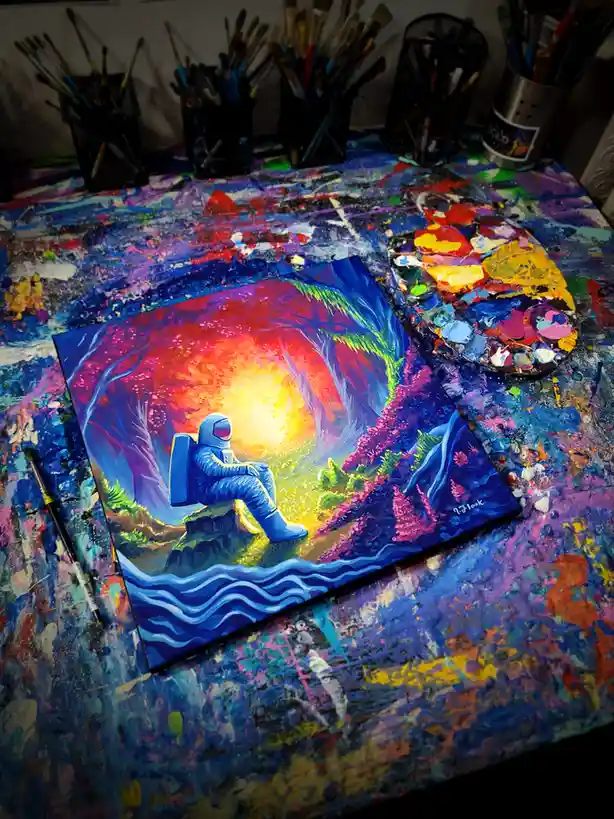 A vibrant, colorful painting of an astronaut sitting on a rock in a surreal, glowing forest with a bright sun behind them…