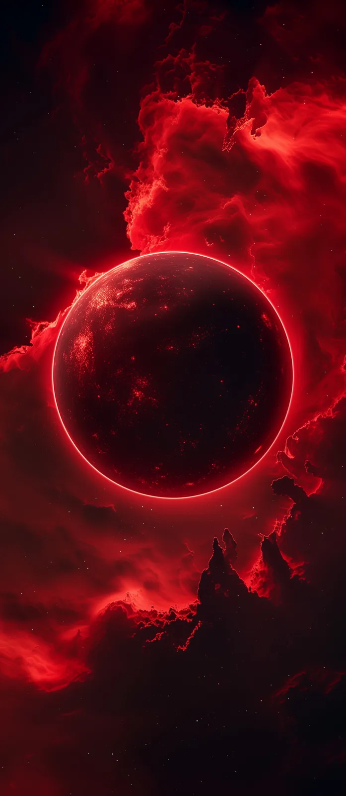 A dark, spherical planet with a glowing red rim is centered in a cosmic scene filled with swirling red nebulae and distant…