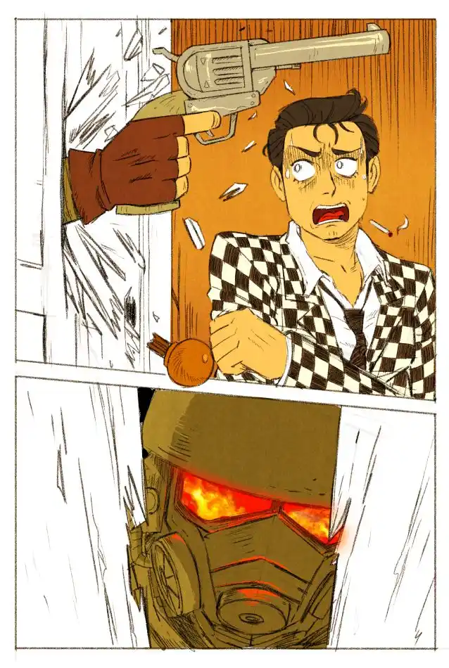 A two-panel comic strip shows a man in a checkered suit holding a small round object while a gloved hand aims a revolver at…
