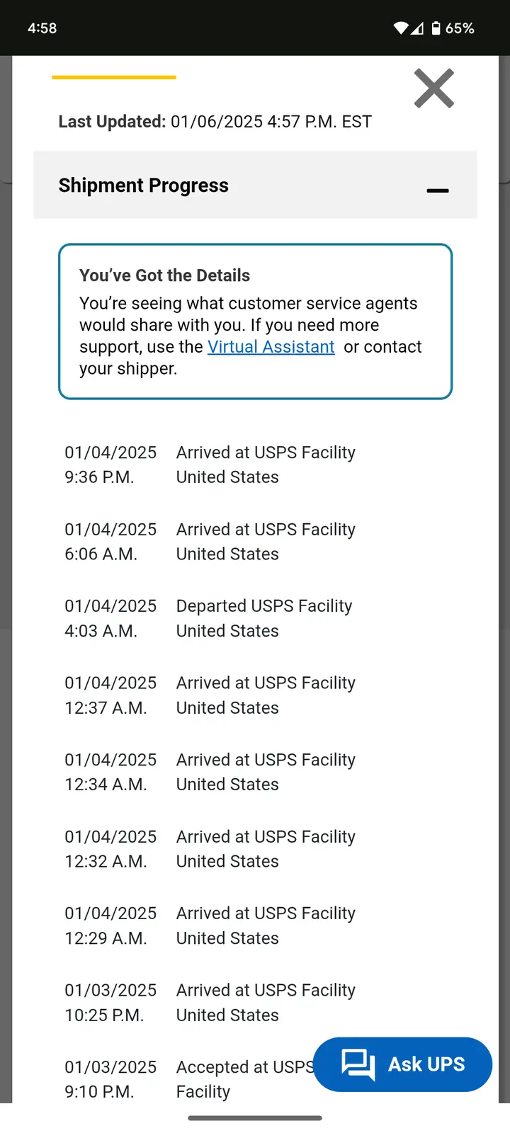 A screenshot of a UPS shipment tracking page showing a shipment with multiple 'Arrived at USPS Facility' entries on the same…