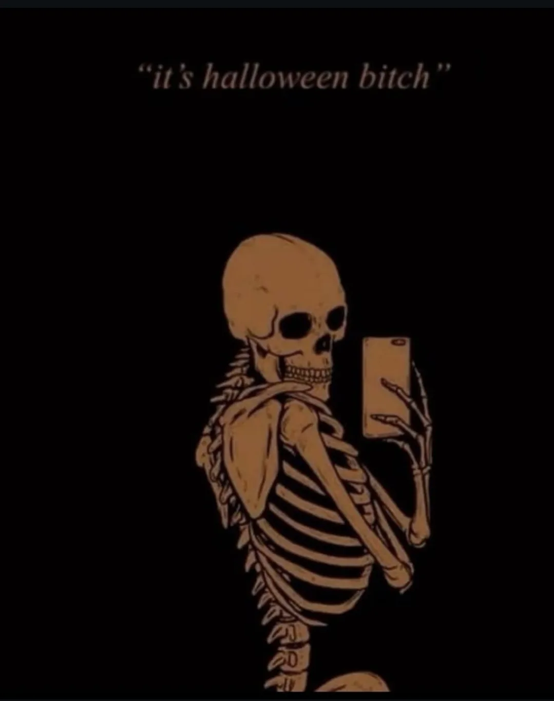 A cartoon skeleton is shown against a black background, holding up a smartphone as if taking a selfie. Above the skeleton…
