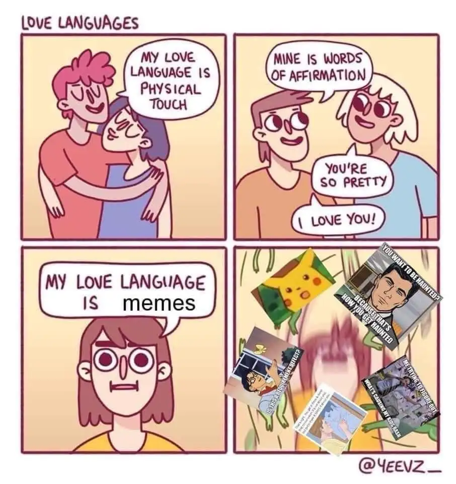 A four-panel comic titled 'LOVE LANGUAGES' shows couples expressing their love through physical touch, words of affirmation…