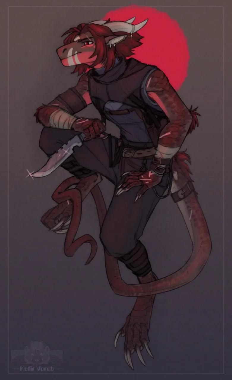 An anthropomorphic red dragon with white horns and a long tail sits in a confident pose, holding a curved blade. The…