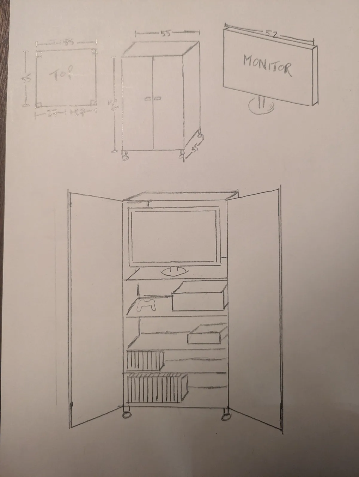 A hand-drawn technical sketch shows a cabinet with dimensions and a monitor labeled 'MONITOR' on top. The main view depicts…