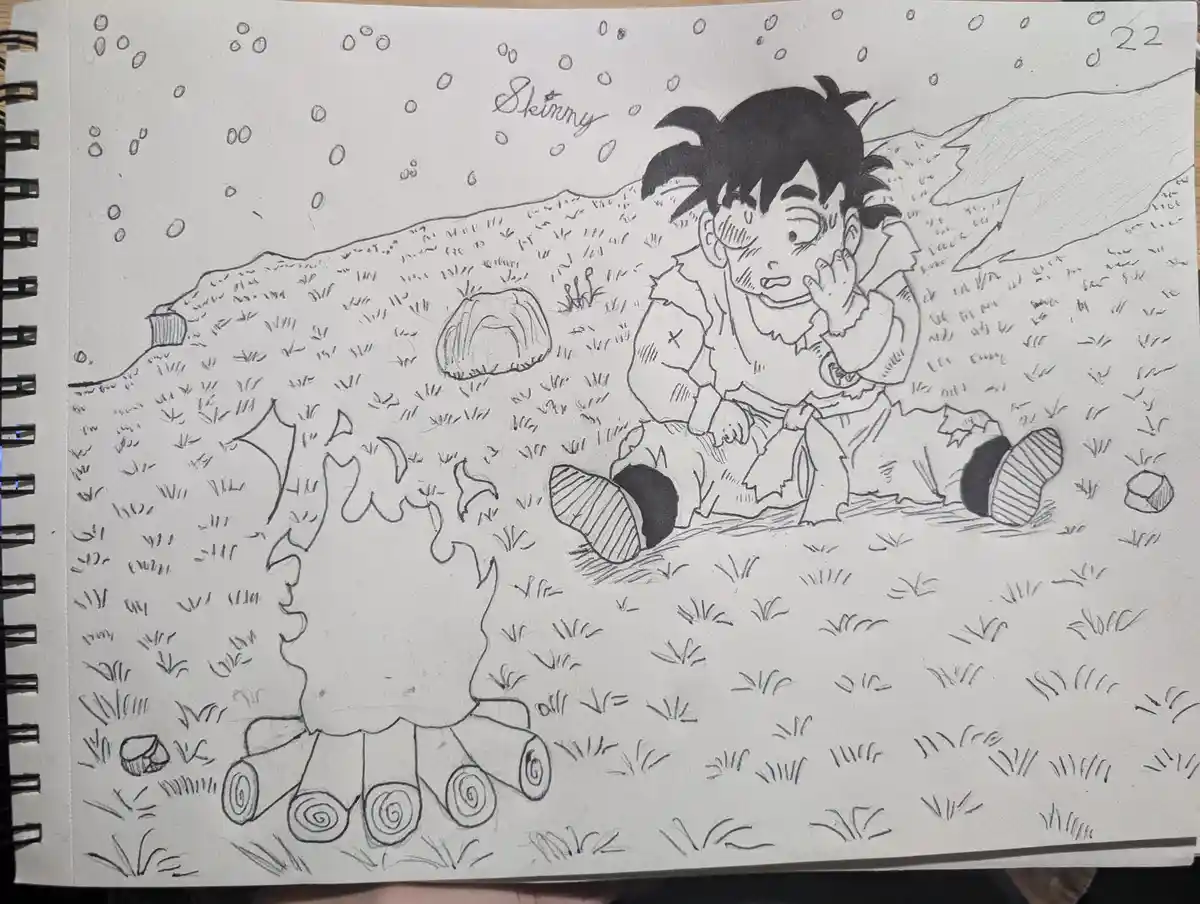 A black-and-white hand-drawn sketch shows a cartoon boy with spiky hair, wearing torn clothes and boots, sitting on the…