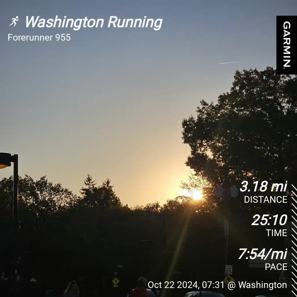 A screenshot from a Garmin Forerunner 955 running watch shows a sunrise over trees with stats: 3.18 miles distance, 25:10…