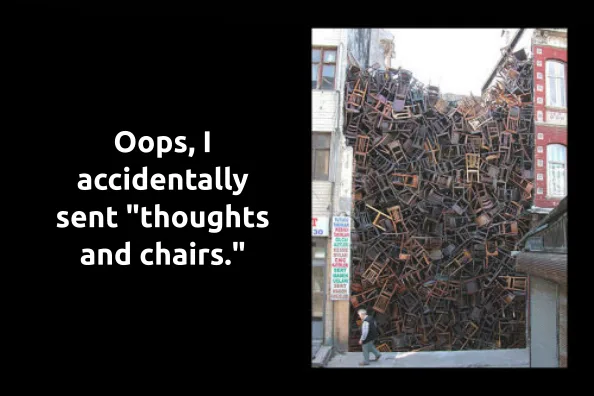 A person walks past a building wall completely covered in a dense, chaotic pile of wooden chairs. The image is split, with…
