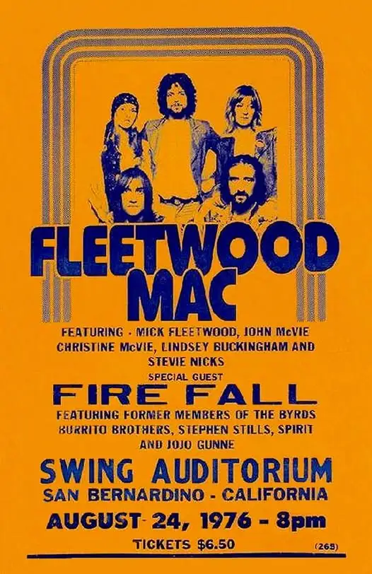 A vintage 1976 concert poster for Fleetwood Mac, featuring a blue-and-yellow graphic of the band members, with text listing…