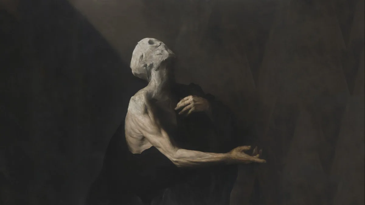 A dark, dramatic painting depicts a gaunt, emaciated figure with a skull-like head, draped in dark robes, sitting in a…