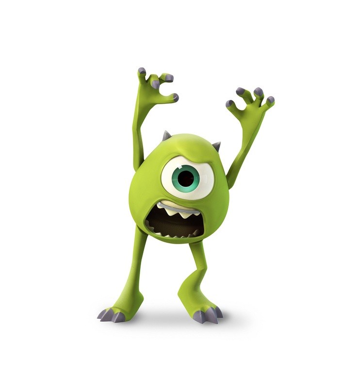 A green, one-eyed cartoon monster with sharp claws and horns, standing with arms raised in a joyful or excited pose against…