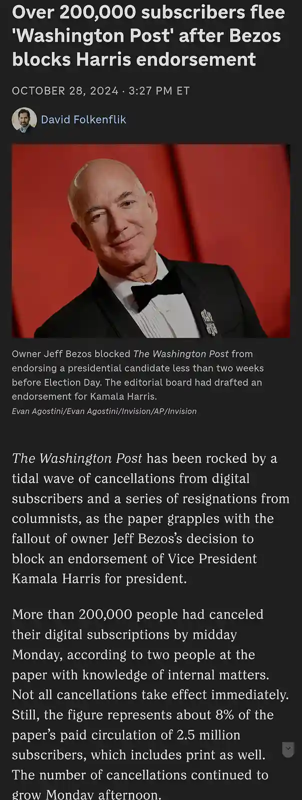 A screenshot of a news article from October 28, 2024, shows a photo of Jeff Bezos in a tuxedo against a red background. The…