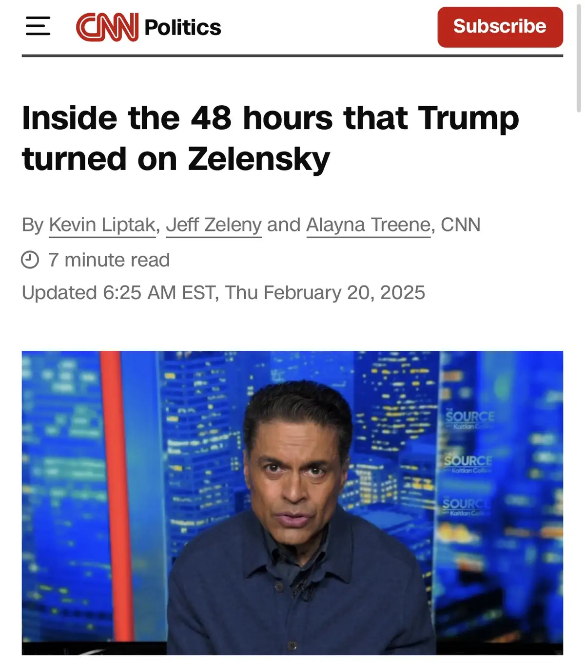A screenshot of a CNN Politics article titled 'Inside the 48 hours that Trump turned on Zelensky,' featuring a photo of news…