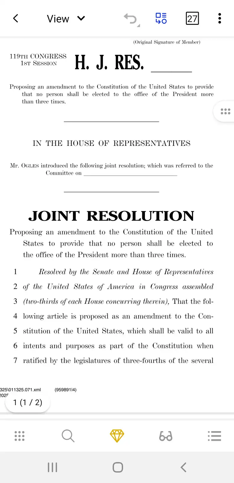 The image displays a formal U.S. congressional document titled 'H. J. RES.' from the 119th Congress, 1st Session, which is a…