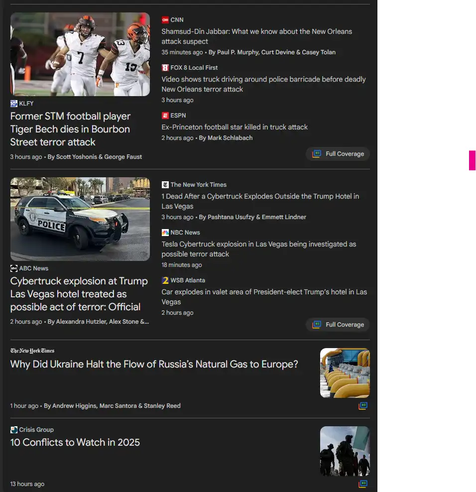 A screenshot of a news feed shows multiple headlines about recent violent events, including a football player's death in a…