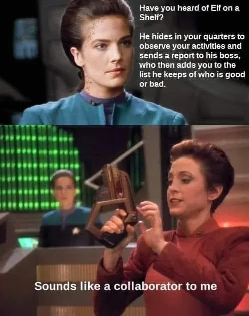 The image is a two-panel meme featuring characters from Star Trek: The Next Generation. The top panel shows a woman in a…