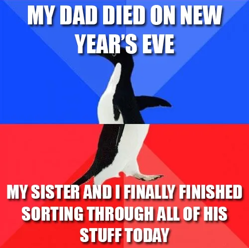 A penguin walks down a split blue and red background, with white bold text stating 'MY DAD DIED ON NEW YEAR'S EVE' on the…