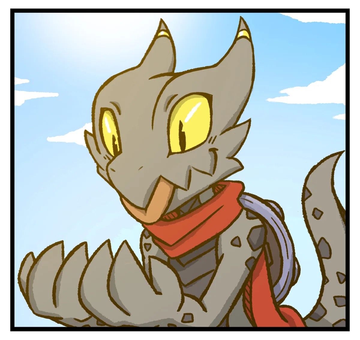 A cartoon dragon with gray scales, yellow eyes, and a red scarf looks confidently at the viewer against a blue sky with…