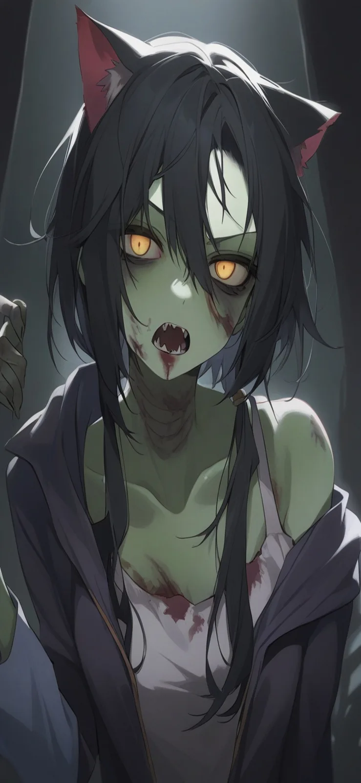 An anime-style illustration of a female character with greenish zombie-like skin, glowing orange eyes, fangs, and cat ears…