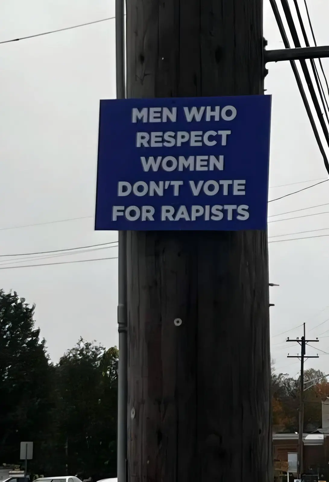 A blue rectangular sign with white bold text is affixed to a weathered wooden utility pole outdoors. The text reads 'MEN WHO…