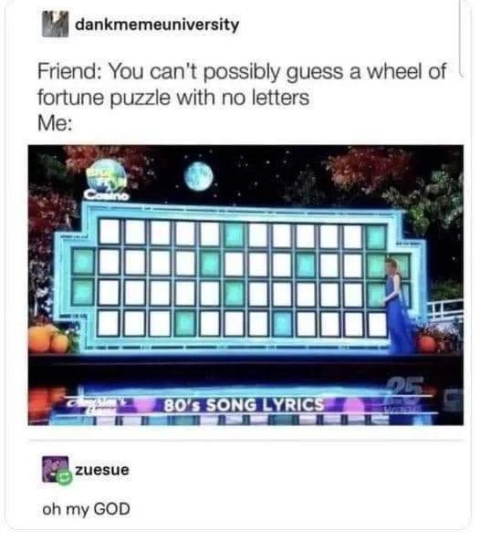 The image shows a Wheel of Fortune game show set with a large grid of empty squares, indicating no letters are visible for…