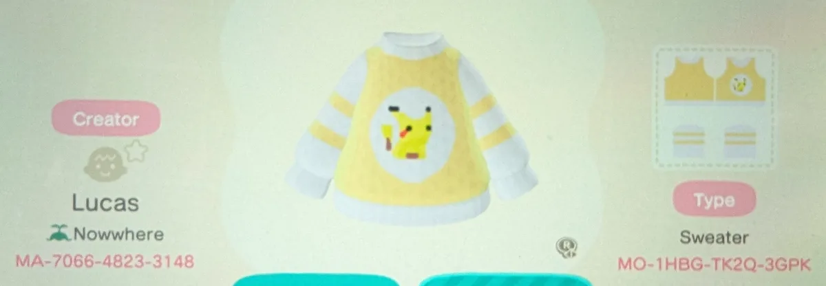 A screenshot from Animal Crossing: New Horizons displaying a custom-designed yellow and white sweater with a pixelated…