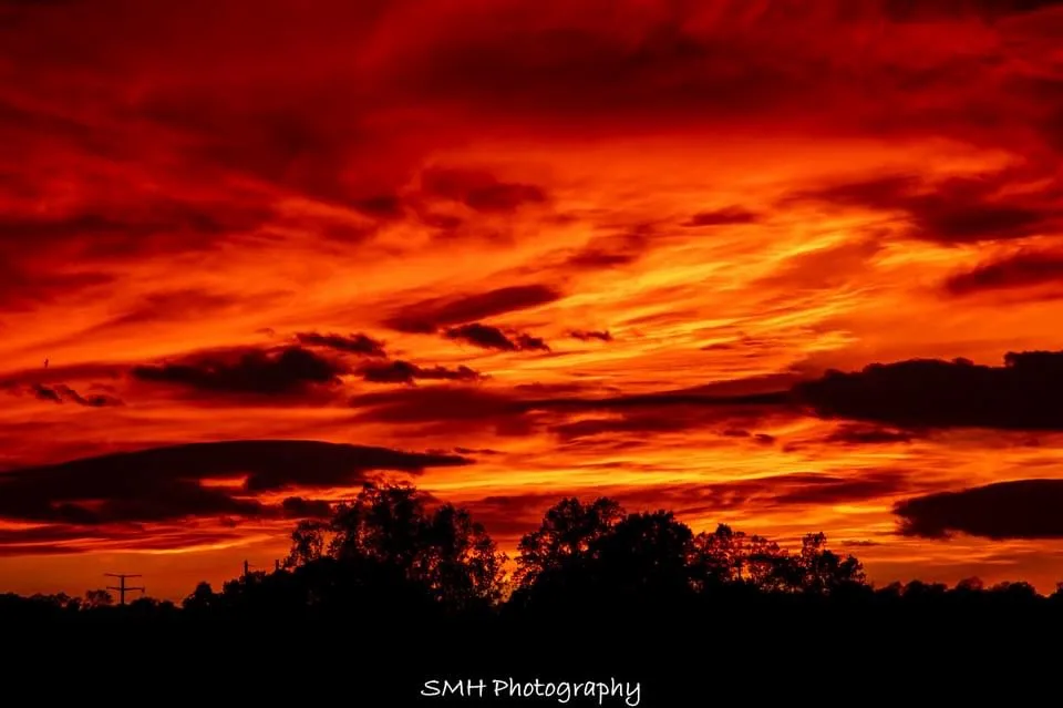 A dramatic, fiery red-orange sunset sky with dark clouds and silhouetted trees at the bottom. The text 'SMH Photography' is…