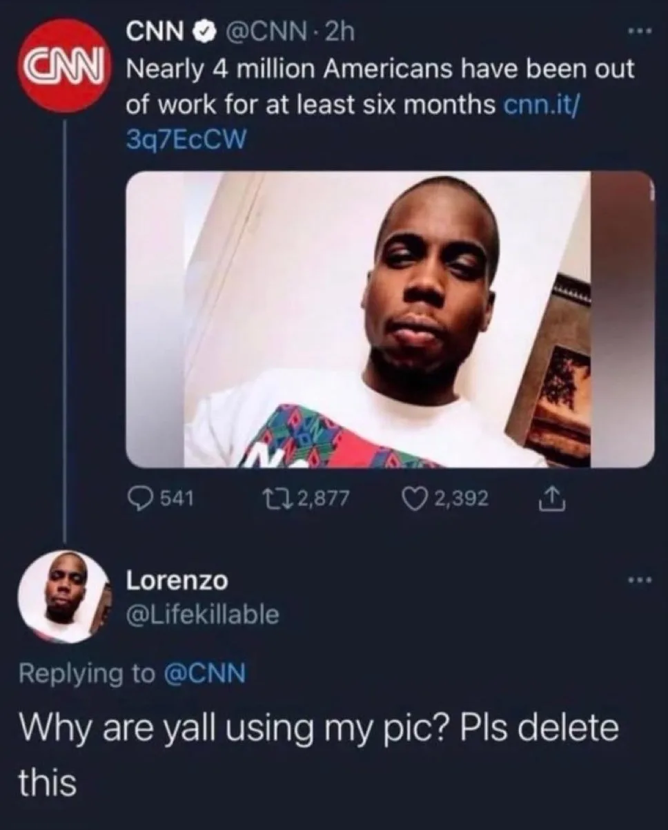 A screenshot of a CNN tweet about unemployment is shown, featuring a photo of a man with a deadpan expression. Below, a…