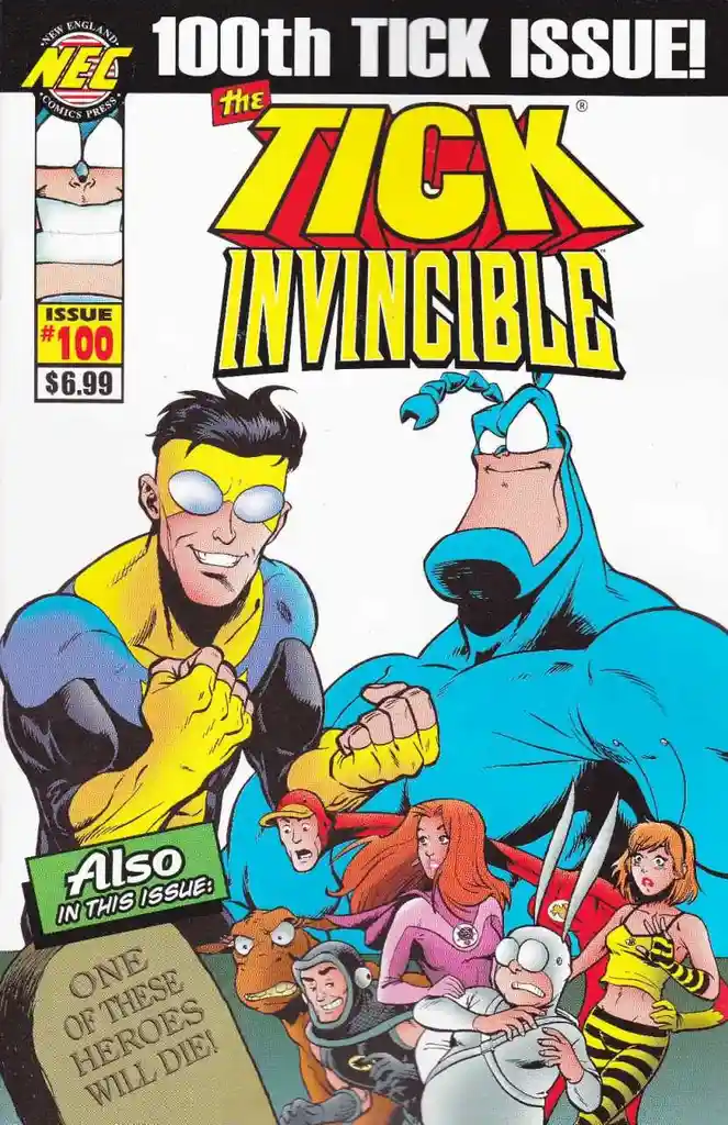 The cover of 'The Tick Invincible' comic book issue #100, featuring the titular hero in a blue suit and yellow mask standing…