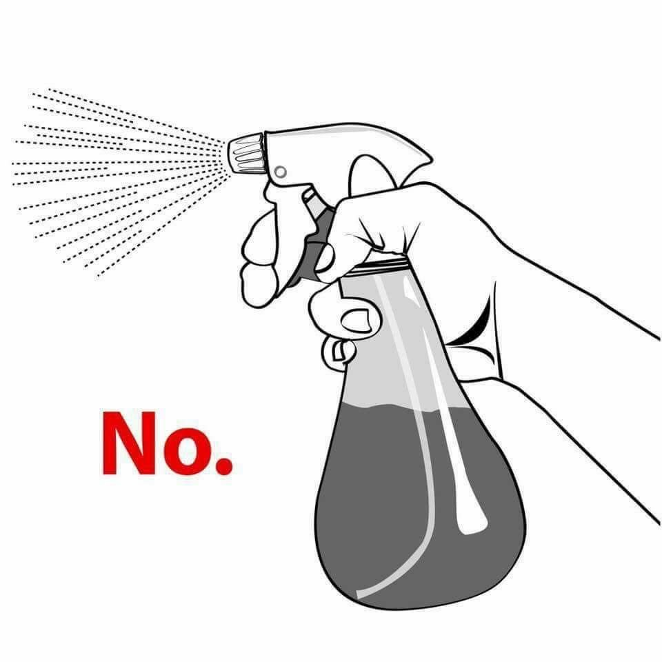 A black and white line drawing shows a hand holding a spray bottle with a trigger, spraying a mist of dots. Below the…