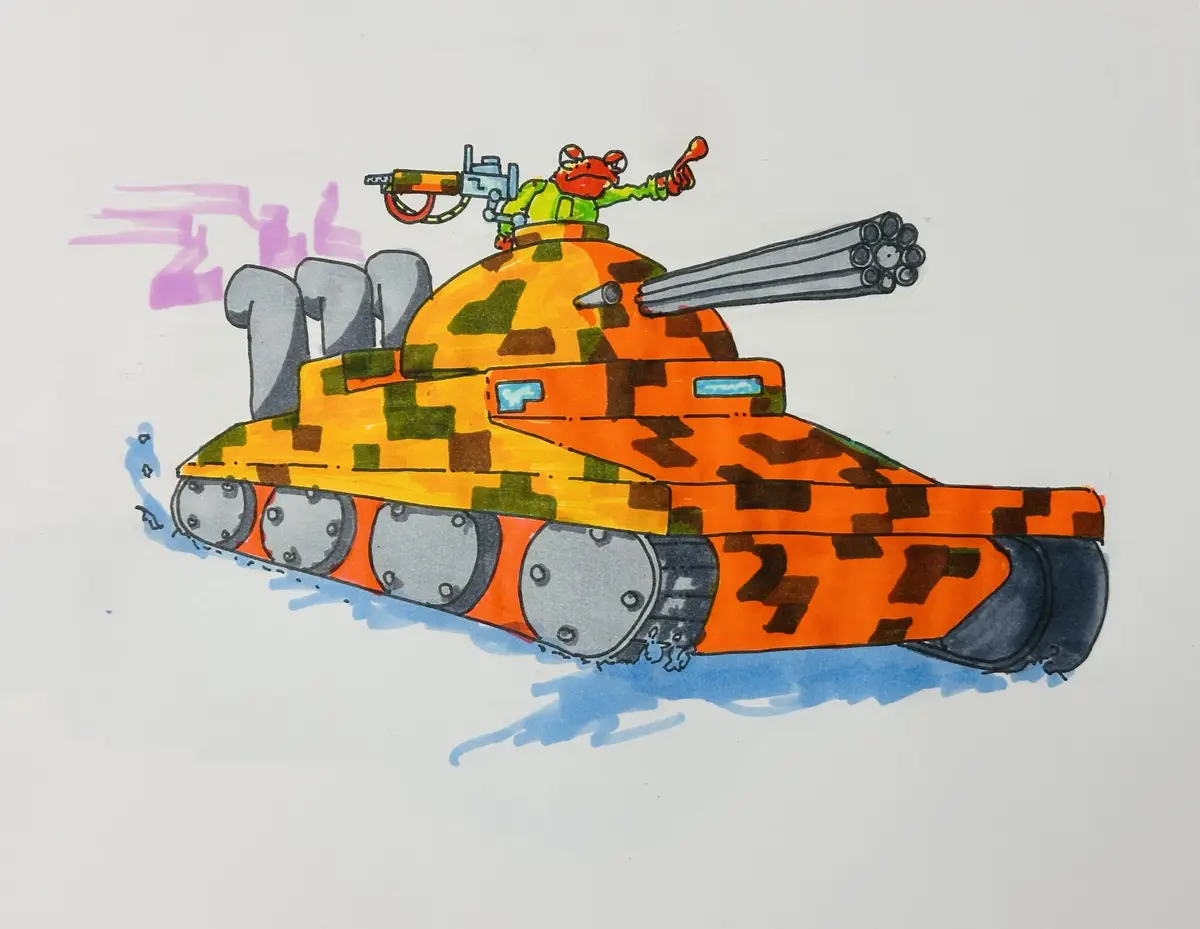 A hand-drawn cartoon depicts a red frog wearing a green military uniform, sitting atop a heavily armed tank with orange and…