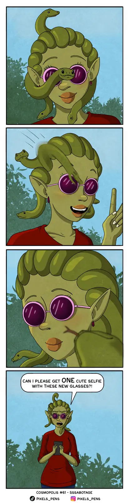 A three-panel comic shows a green-skinned, snake-haired woman wearing pink sunglasses. In the first panel, she smiles as…