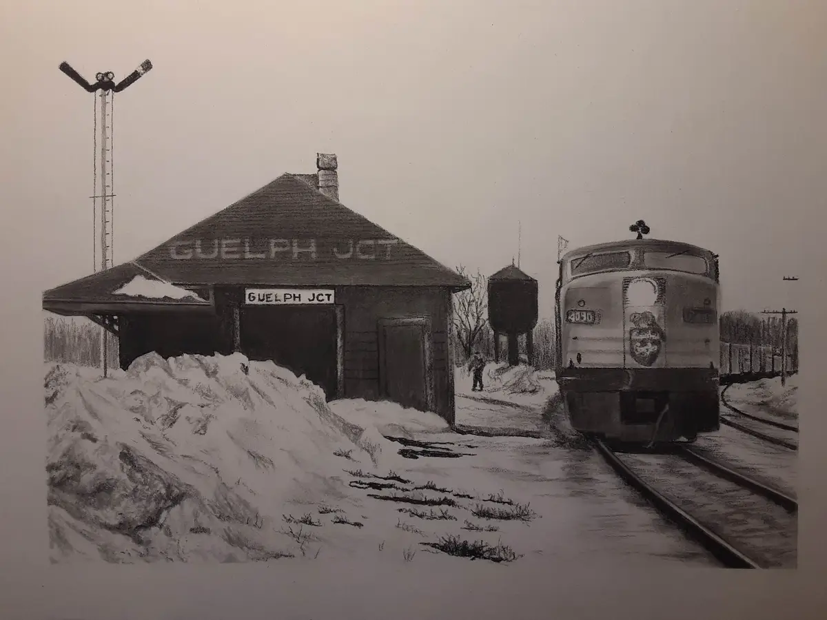 A black-and-white pencil drawing depicts a snowy train station labeled 'GUELPH JCT' with a train approaching on the tracks…