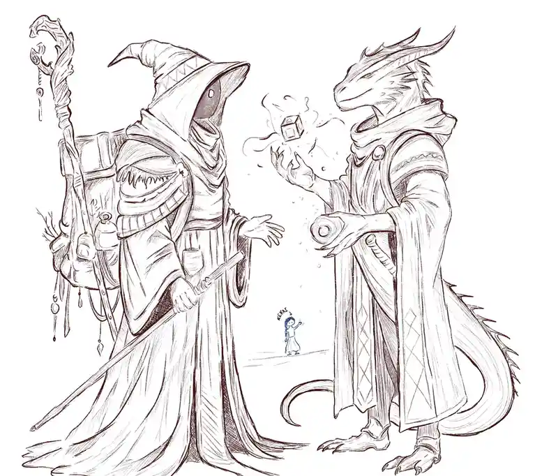 A black-and-white line drawing shows two fantasy characters: a hooded wizard with a staff and a dragon-like figure holding a…