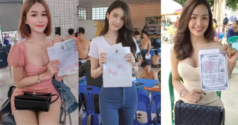 Three women in different outfits pose smiling while holding up documents that appear to be official certificates or test…
