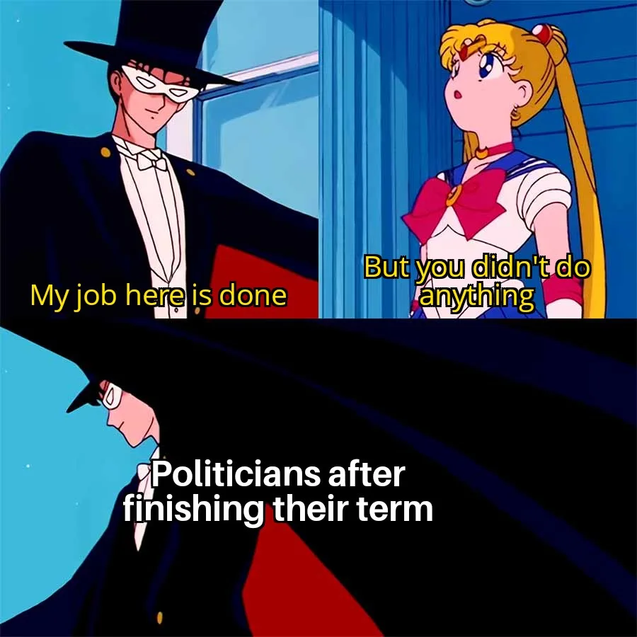 The image is a two-panel meme featuring a masked man in a tuxedo saying 'My job here is done' while looking smug, and a…